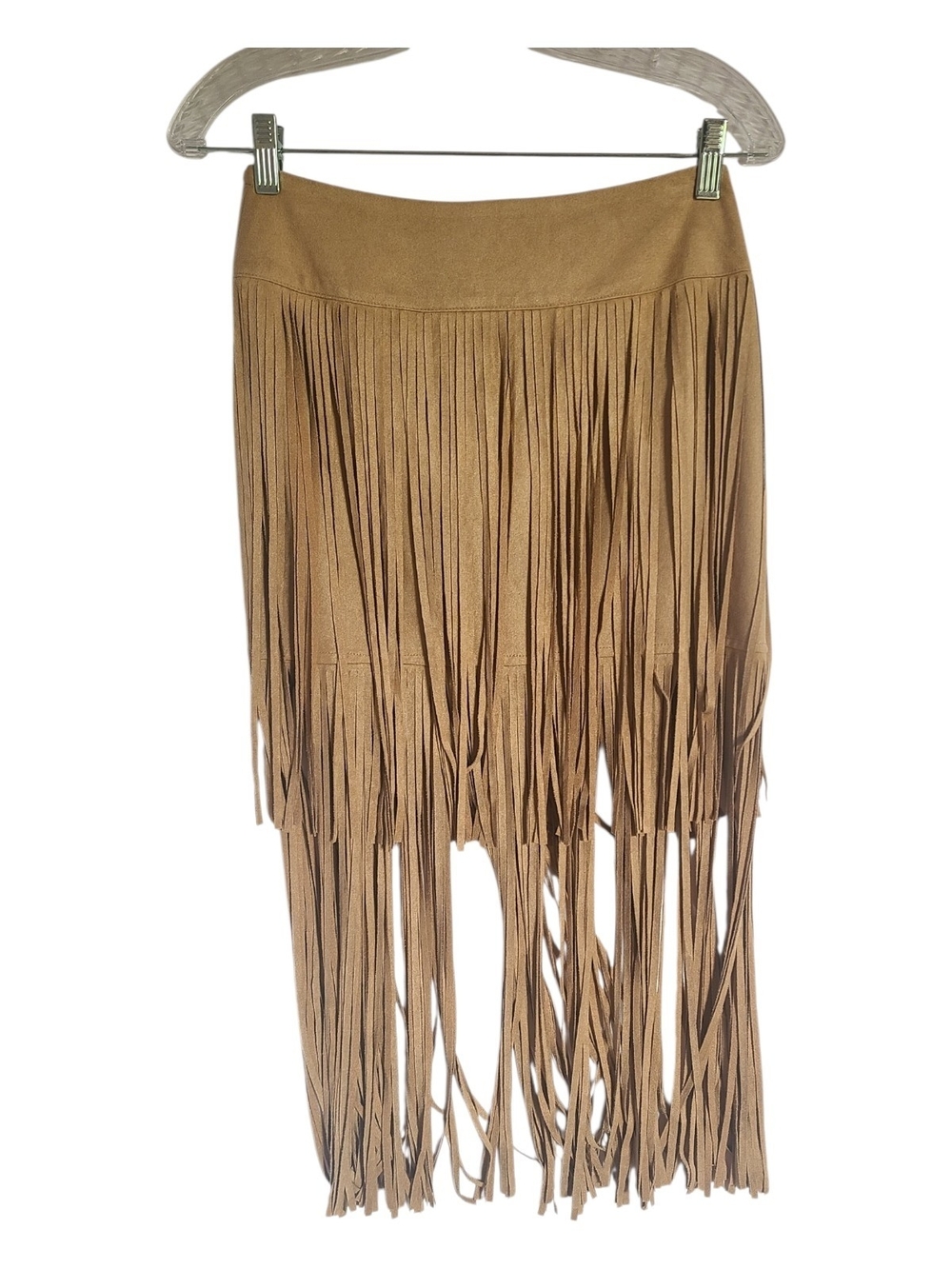 Hot & Delicious Faux Suede Fringe Mini Skirt M Tan